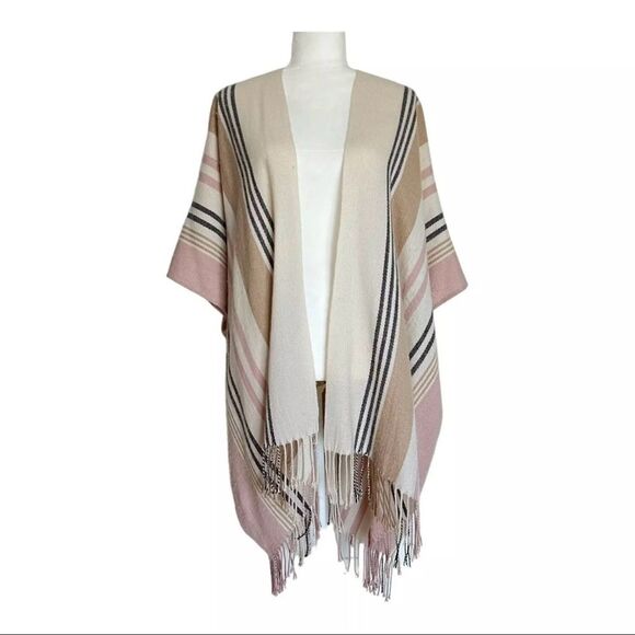 LOFT Pink Cream Neutral Colors Fringe Open Front Poncho One Size - Picture 2 of 11